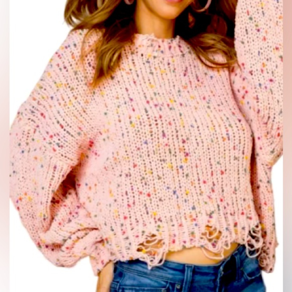 Main Strip Pink Crew Neck Confetti Sweater with Chunky Knit size large